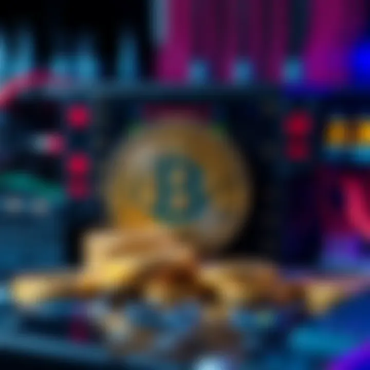 A visual representation of Bitcoin symbols alongside a quantum computer, showing potential risks. The image highlights the contrast between digital currency and advanced technology.