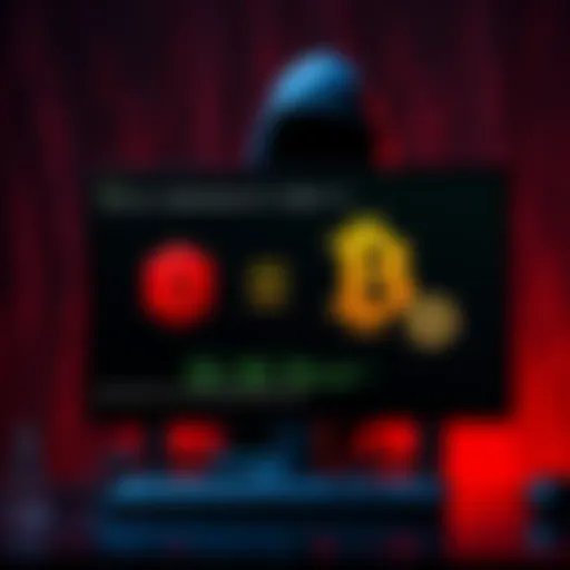 A computer screen shows Bitcoin symbols alongside a message demanding ransom, with a shadowy figure in the background representing cybercriminals.
