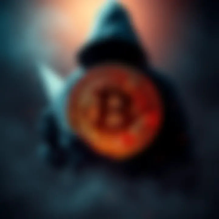 A graphic showing Bitcoin symbol and a shadowy figure representing ransom demand, illustrating concerns about Bitcoin's reputation.