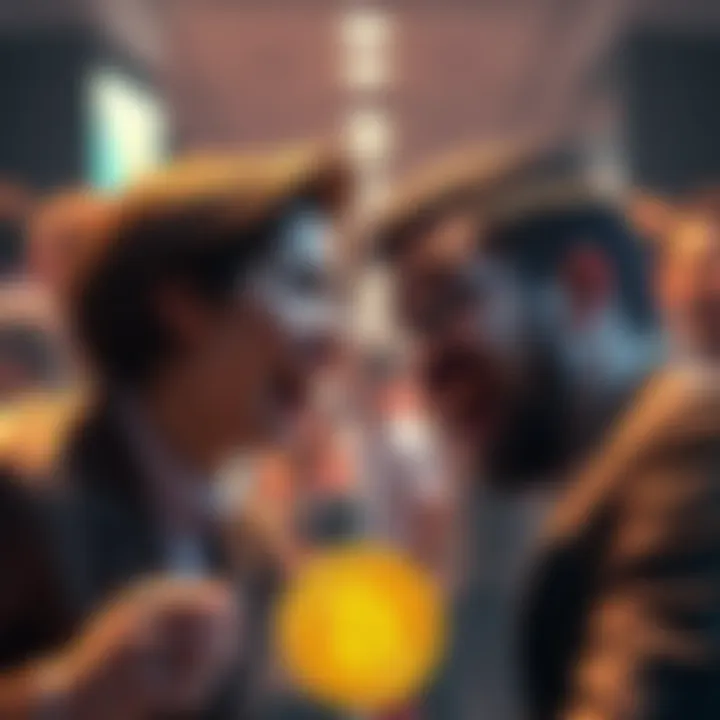 A split scene showing people laughing on one side and others crying over Bitcoin losses on the other side, illustrating different reactions to market changes.