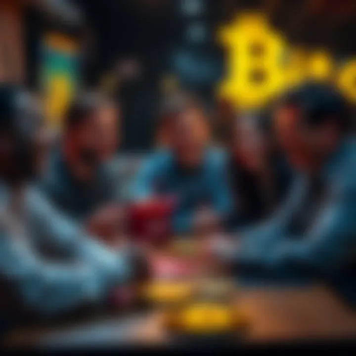 A group of friends expressing various reactions like laughter and confusion while discussing Bitcoin at a table.