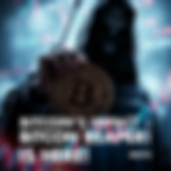 A shadowy figure representing the Reaper holds a Bitcoin symbol, looming over financial charts signaling market change.