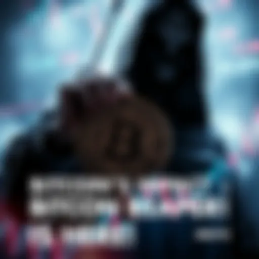 Bitcoin Reaper A shadowy figure representing the Reaper holds a Bitcoin symbol, looming over financial charts signaling market change.