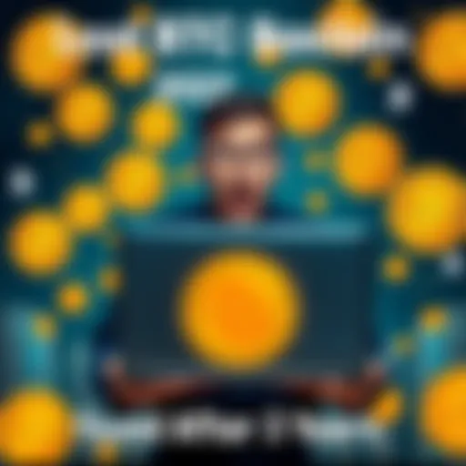 A person holding a laptop with a surprised expression, surrounded by Bitcoin symbols and dollar signs, celebrating the recovery of lost Bitcoin after years.