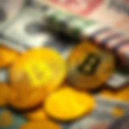 A digital representation of Bitcoin coins next to traditional cash, symbolizing the shift in payment methods.