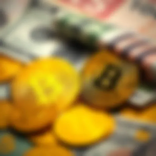 A digital representation of Bitcoin coins next to traditional cash, symbolizing the shift in payment methods.
