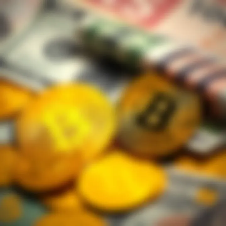 A digital representation of Bitcoin coins next to traditional cash, symbolizing the shift in payment methods.