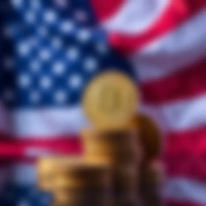 A conceptual image of Bitcoin coins stacked with a U.S. flag in the background, representing the ARMA Bill proposal to create a million-bitcoin reserve.