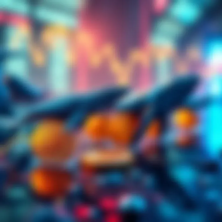 A graphic showing a downward trend in Bitcoin exchange reserves with whale icons symbolizing large investors buying Bitcoin, indicating market changes.