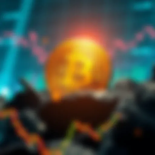 A golden Bitcoin symbol shines amidst falling market graphs, symbolizing strength in adversity.