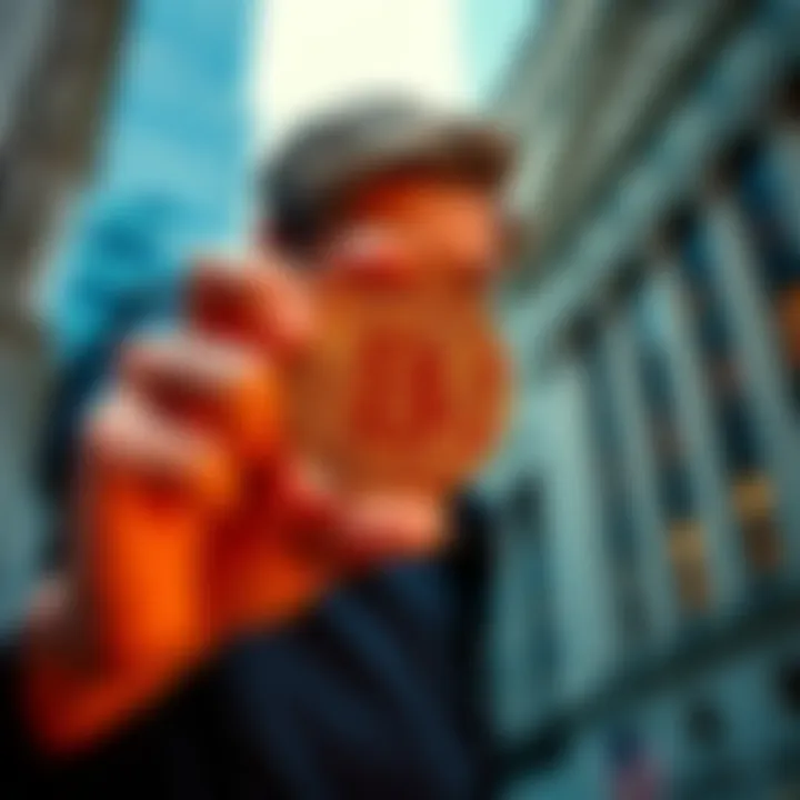 A confident person holding a Bitcoin coin with Wall Street buildings in the background, suggesting strength in Bitcoin during elite scandals.