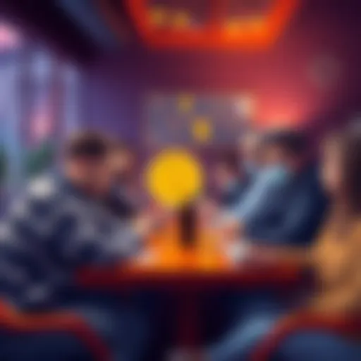 A group of people discussing Bitcoin at a table, showing mixed reactions to changes in its use cases, with some looking skeptical and others appearing interested.