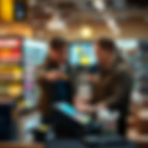 A cashier processing a Bitcoin payment using a point-of-sale terminal in a store setting