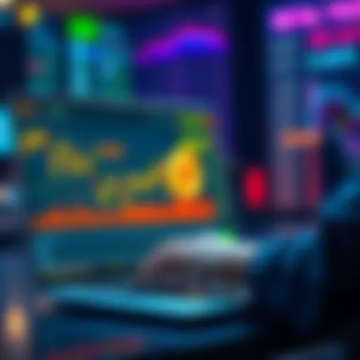 A person analyzing a chart showing Bitcoin price movements and retail sentiment trends on a laptop