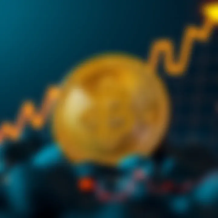 A golden Bitcoin coin with a background showing a graph trending upwards, symbolizing potential price surge.