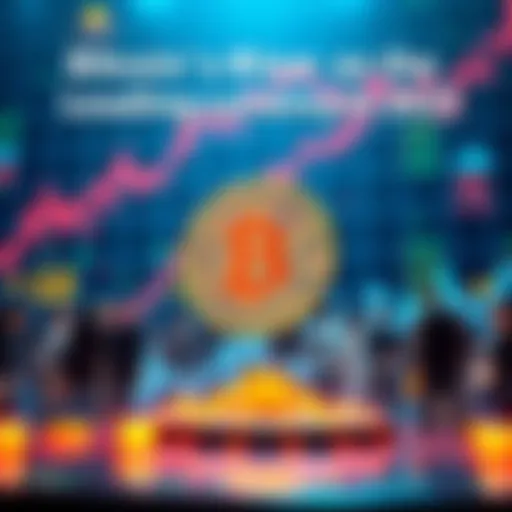 A Bitcoin symbol with financial charts showing growth and people using digital payments