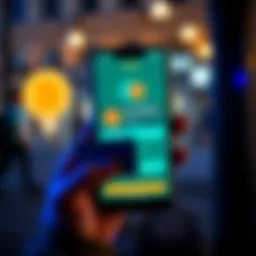 A smartphone screen showing the Revolut app with Bitcoin rounding up feature highlighted and a user smiling while holding a credit card