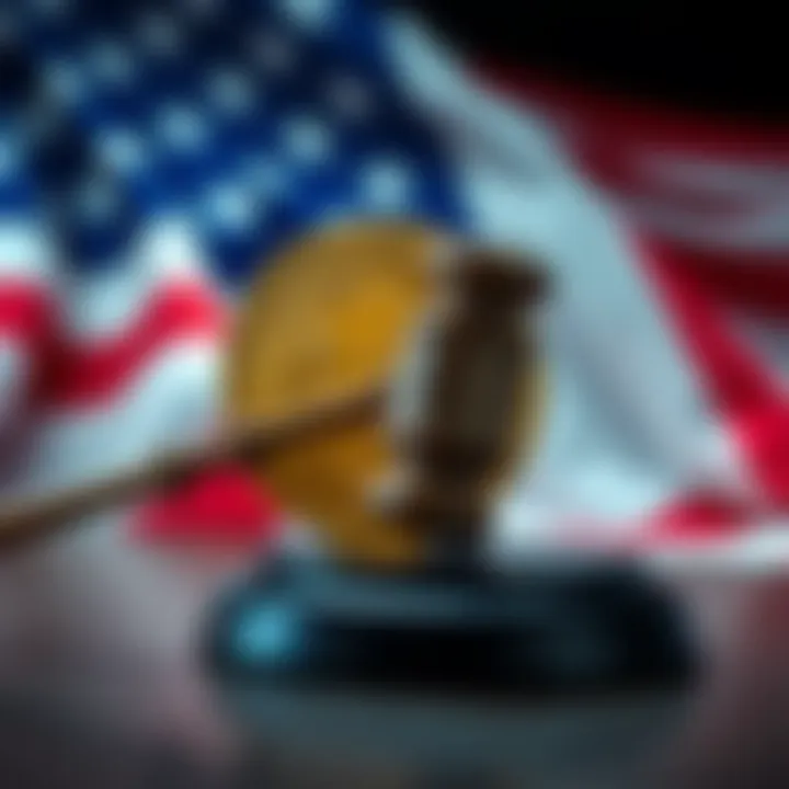 A visual representation of Bitcoin symbol with a gavel and American flag in the background, highlighting the tension between cryptocurrency and legal governance in the USA.