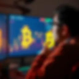 A worried person looking at fluctuating Bitcoin values on a computer screen during a blockchain split