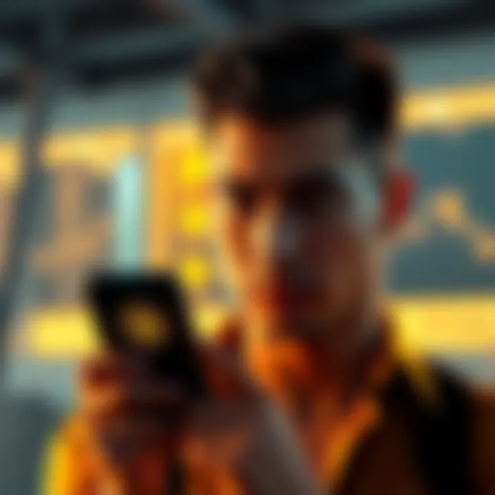 Bitcoin Sale A person looking at a smartphone with a bitcoin symbol, considering a small sale