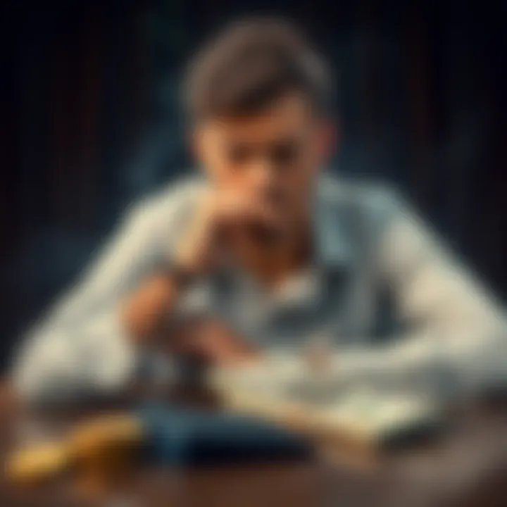 Bitcoin for sale concept A person contemplating the sale of Bitcoin as financial stress looms, with a digital wallet and cash on a table