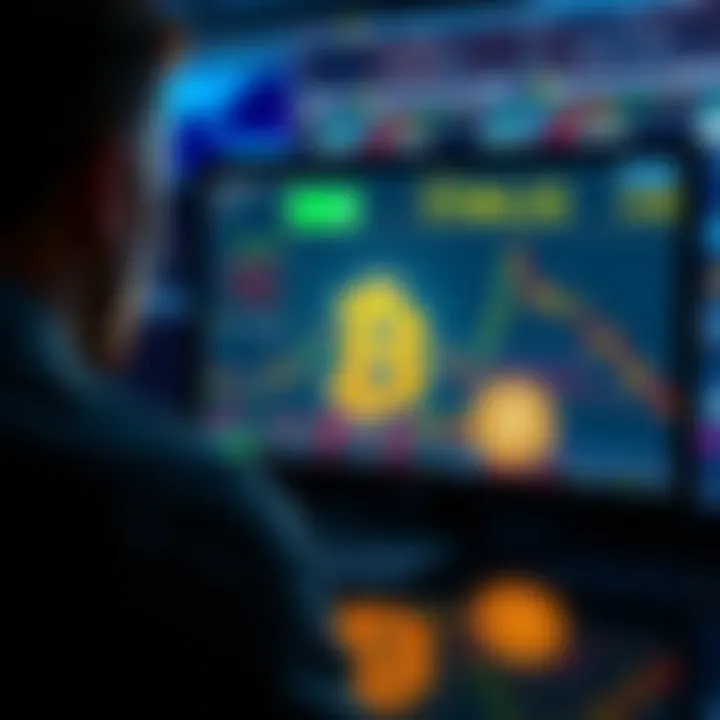 A person looking at a screen showing Bitcoin prices and a graph, with a visual representation of 32 Bitcoin being sold, symbolizing market activity.