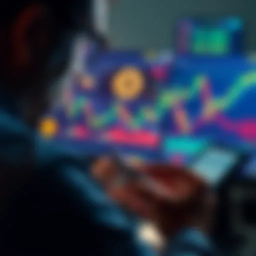 A person analyzing Bitcoin price charts with a calculator and charts showing rising values, indicating planning to sell Bitcoin as it approaches $250k.