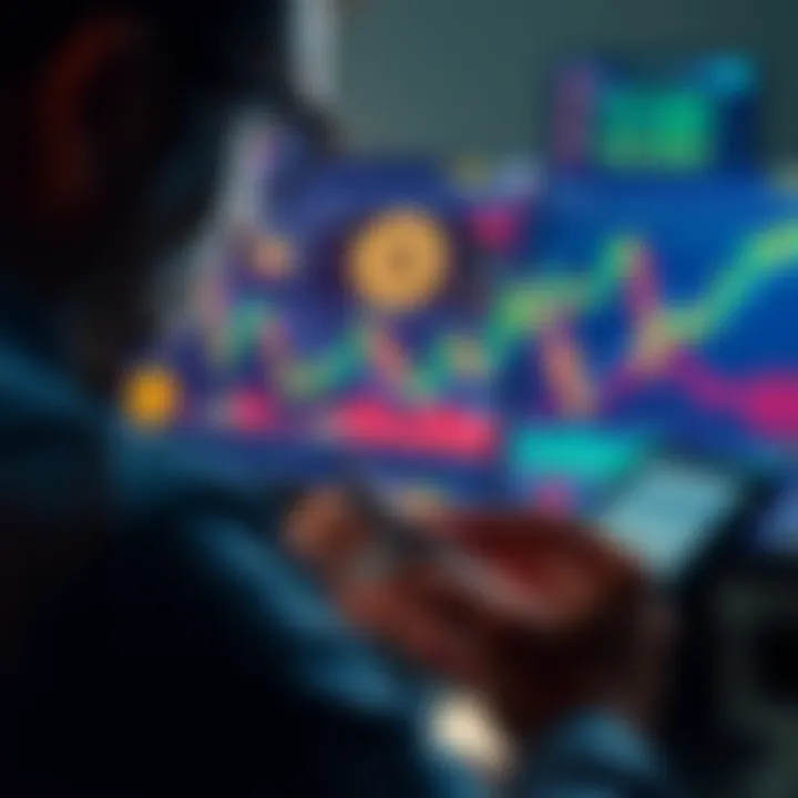 A person analyzing Bitcoin price charts with a calculator and charts showing rising values, indicating planning to sell Bitcoin as it approaches $250k.