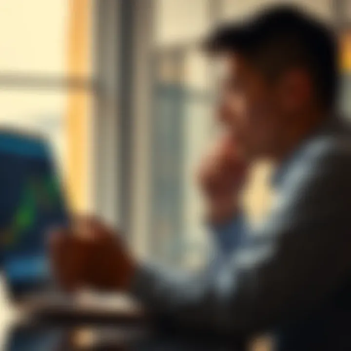 A person contemplating the decision to sell Bitcoin, analyzing charts and market trends on a laptop with a thoughtful expression.