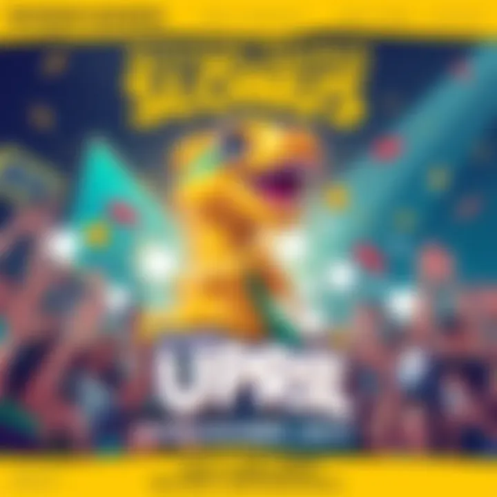 Bitcoin-saurus Event Announcement A vibrant poster featuring the Bitcoin-saurus character surrounded by joyful fans and colorful event details for Upril activities.