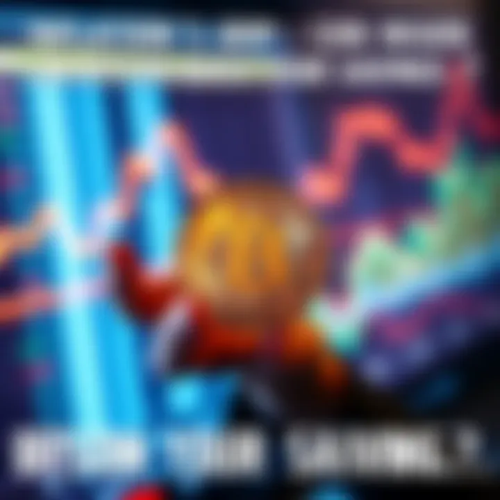 A person holding a Bitcoin symbol while looking at rising inflation charts in the background.