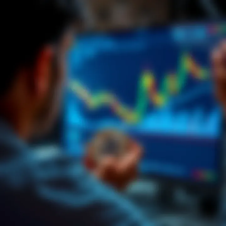 A person considering Bitcoin for savings, holding a physical Bitcoin in one hand and looking at fluctuating graphs on a screen in front of them, showing volatility in prices.