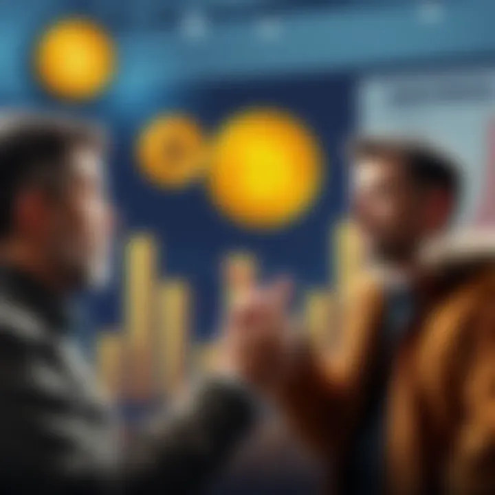 A person explaining Bitcoin to another person who is skeptical, with visuals of Bitcoin graphics and a savings account statement in the background.