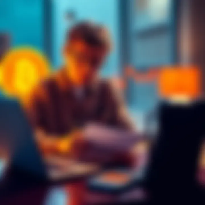 A person calculating their Bitcoin savings while looking at a laptop and a notepad, symbolizing financial planning for retirement.