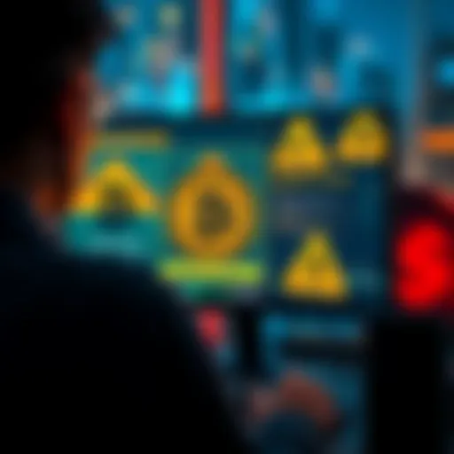A concerned person looking at a computer screen displaying warning signs about Bitcoin scams