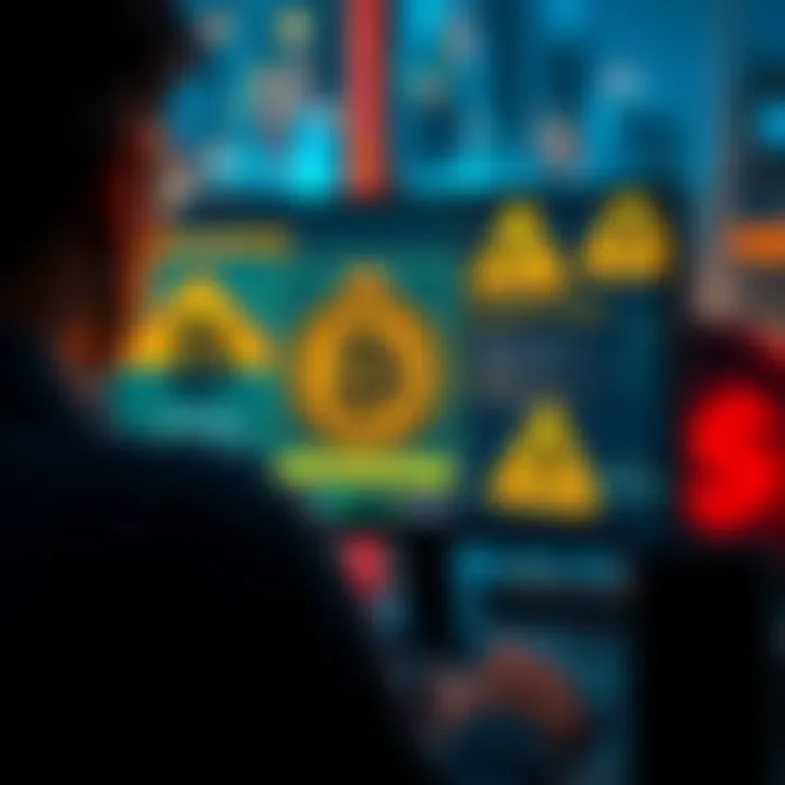 Bitcoin Scams Awareness A concerned person looking at a computer screen displaying warning signs about Bitcoin scams