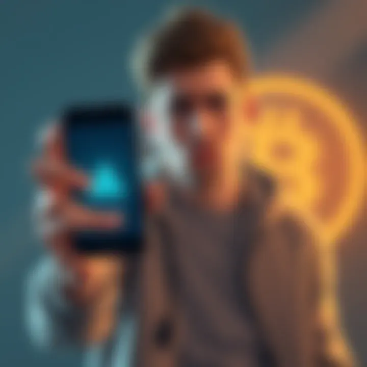 A person looking worried while holding a phone displaying a warning about Bitcoin scams, with a digital currency symbol in the background.