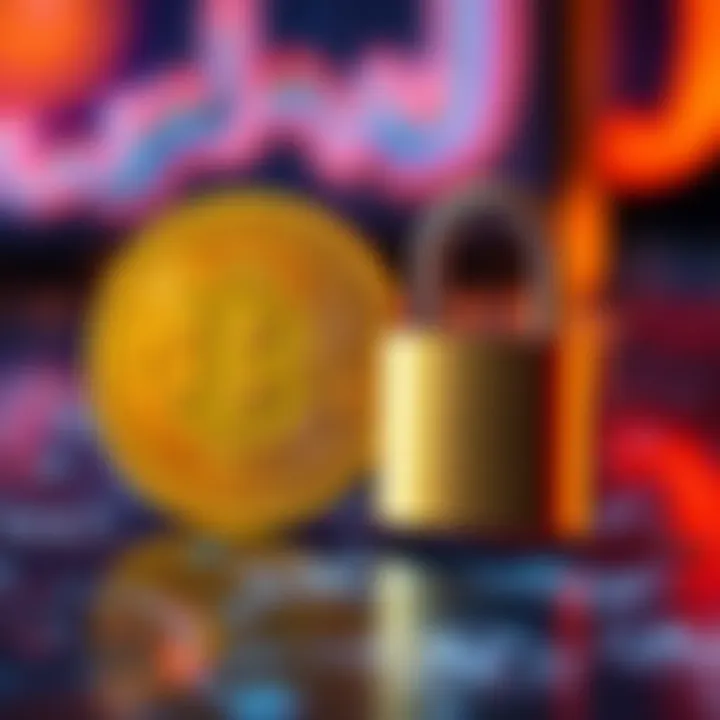 Bitcoin symbol with a lock A Bitcoin symbol next to a padlock representing security and privacy in transactions