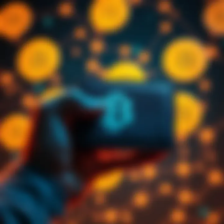 Bitcoin self-custody concept A person holding a hardware wallet with Bitcoin symbols in the background