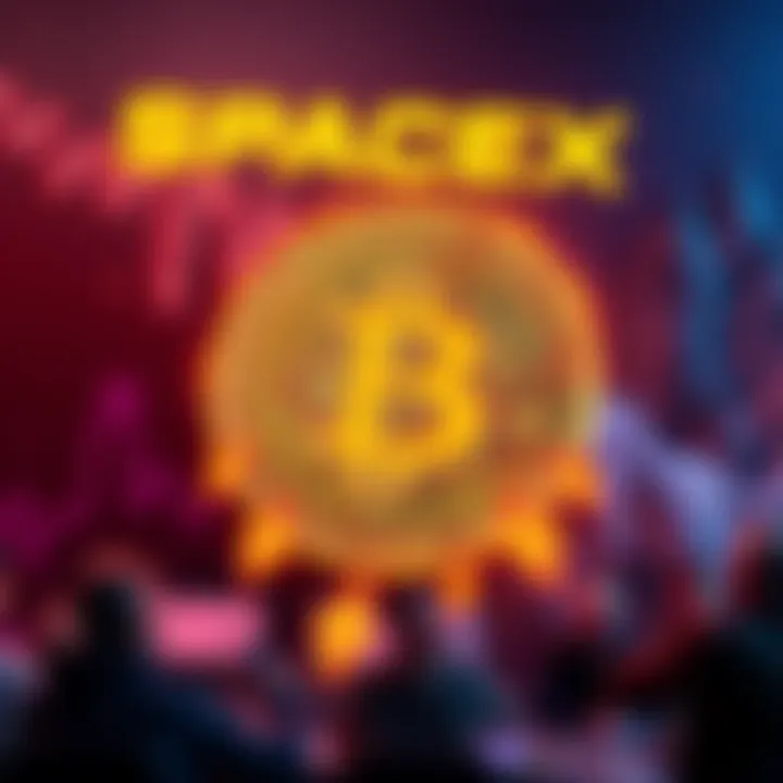 A graphic showing Bitcoin symbol with falling price arrows and SpaceX logo in the background