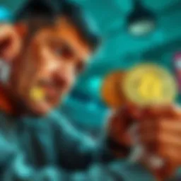 Person exchanging Bitcoin for cash with a worried expression as prices fall