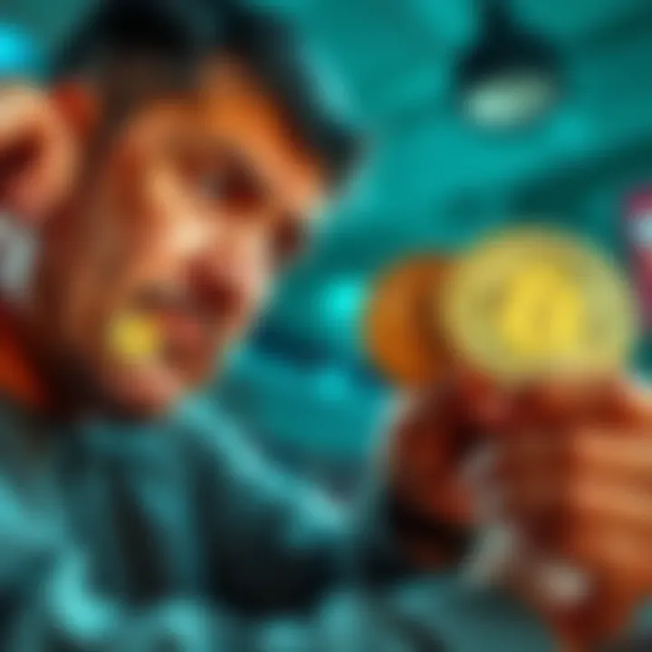 Person exchanging Bitcoin for cash with a worried expression as prices fall