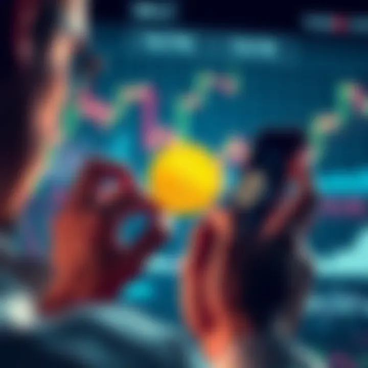 A person looking at a smartphone while considering selling Bitcoin, with graphs showing market trends in the background.