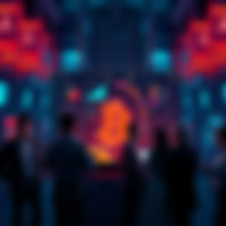 A digital representation of a Bitcoin sentiment analysis platform featuring news articles and AI analysis visuals, surrounded by people discussing insights