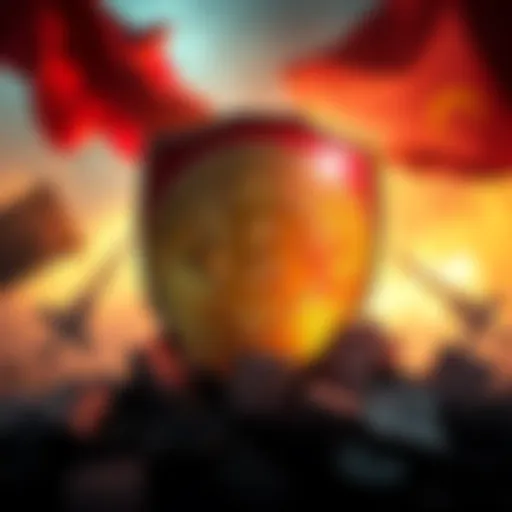 A digital illustration showing a Bitcoin symbol with a shield, representing financial protection during wartime. The background suggests global tension with faint imagery of currency notes being print...