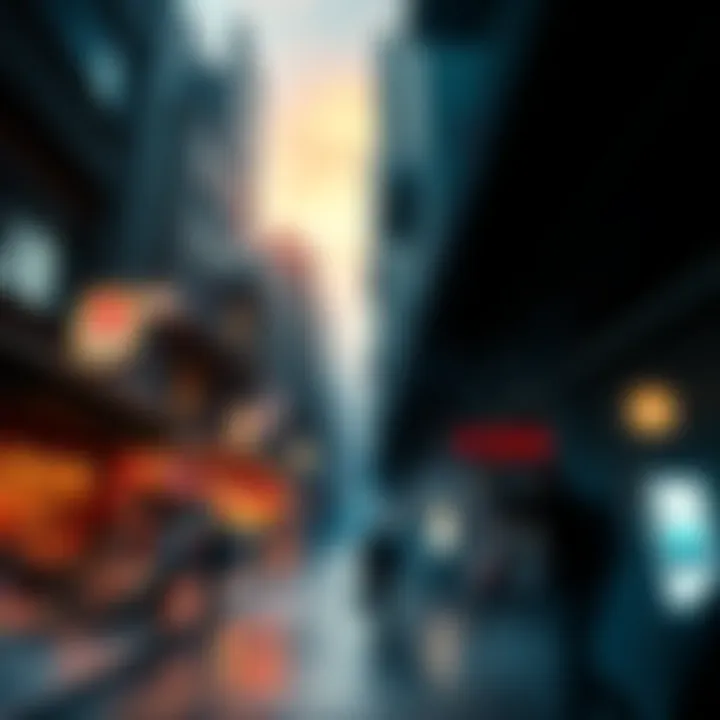 A cityscape showing a split scene: one side with thriving traditional markets and the other with dark alleys and crime, representing the potential future of a Bitcoin-driven society.