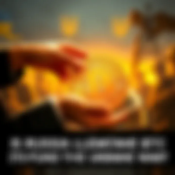 A person exchanging Bitcoin for cash, with a background showing military symbols representing the Ukraine conflict.