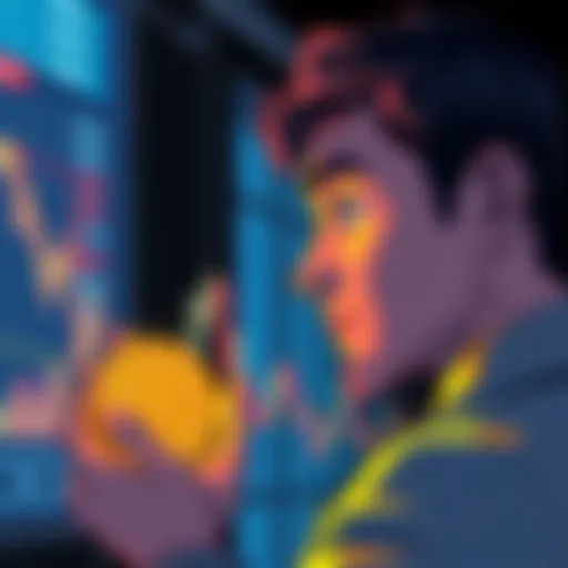 A person looking at a graph showing Bitcoin's price trend with a thoughtful expression, indicating market analysis after selling Bitcoin.