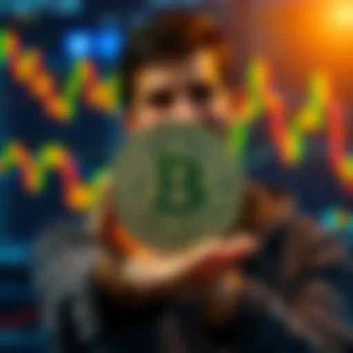 A person calmly holding a Bitcoin symbol with a background showing fluctuating altcoin charts, symbolizing the stability of Bitcoin over altcoins.