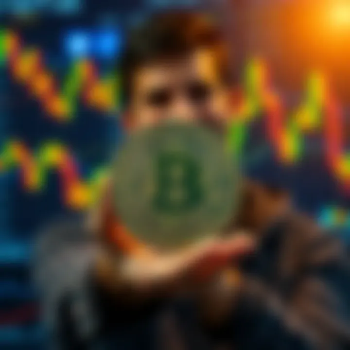 A person calmly holding a Bitcoin symbol with a background showing fluctuating altcoin charts, symbolizing the stability of Bitcoin over altcoins.